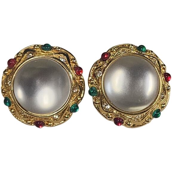 Paolo Gucci Gold-tone Frosted Cabochon Clip Back Earrings, Vintage - Picture 1 of 5